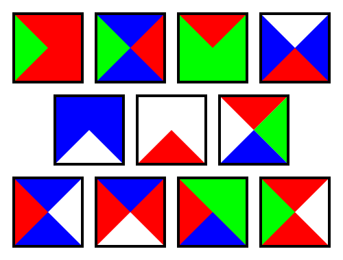 Figure 1. Jeandel and Rao's aperiodic Wang tiles: colors depict the matching rules, where edges are matched if and only if they have the same color and the opposite orientation